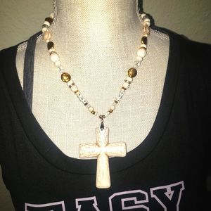 Lava Bead, Shell & White Turquoise Cross Necklace